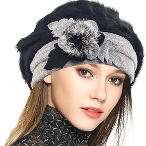 VECRY Women's 100% Wool Bucket Hat Felt Cloche Beret Dress Winter Beanie Hats / Color Angora-black