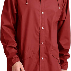 JINIDU Men's Lightweight Waterproof Rain Jacket Packable Outdoor Hooded Long Rai / Color 02-wine Red(with Button Pockets) / Size Large