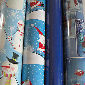 BLUE SOLID, SANTA & SNOWMAN CHRISTMAS GIFT WRAPPING PAPER TOTALS 625 SQ FT