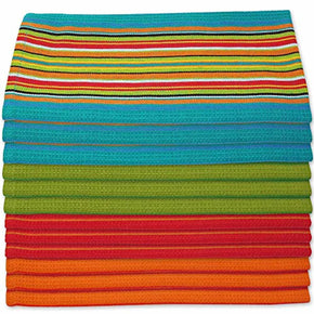 Kitchen Dish Towels Salsa Stripe - 100% Natural Absorbent Cotton (Size 28 x 16 inches) Festive Red, Orange, Green and Blue, 12-Pack