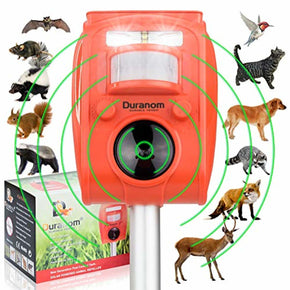 DURANOM Ultrasonic Animal Repeller Outdoor - Solar Powered Cat Deer Repellent - Motion Sensor Activated Alarm Sound - Pest Strobe Light Electronic Deterrent - Flashing Led Birds Chaser Device